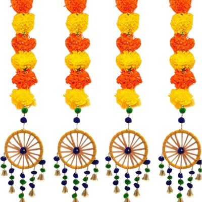 KIYAY's Marigold Flowers Garland Wall Hangings Rajasthani Home Decor Indian Traditional Decorations Pooja Decor Wedding Favor Diwali Backdrop 2.5 Feet - Set of 4 (Multicolor)