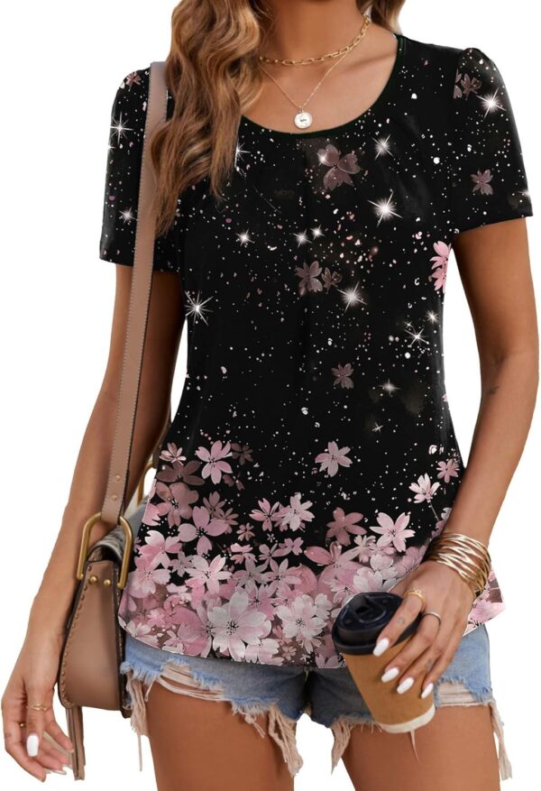 Zeagoo Women's Summer Tunic Tops Short Sleeve Floral Boho Casual T Shirts Pleated Crewneck Flowy Relax Fit Soft Blouses