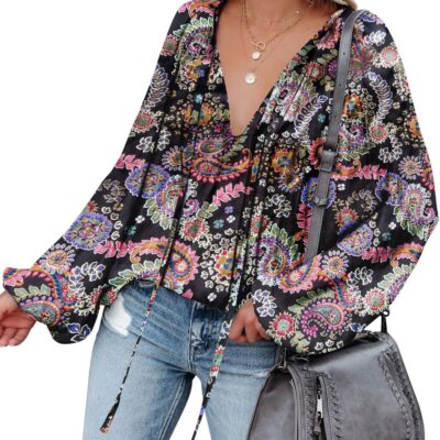 LAMISSCHE Womens Sexy Deep V Neck Blouse Lantern Long Sleeve Chiffon Shirt Oversized Drawstring Silk Satin Tunic