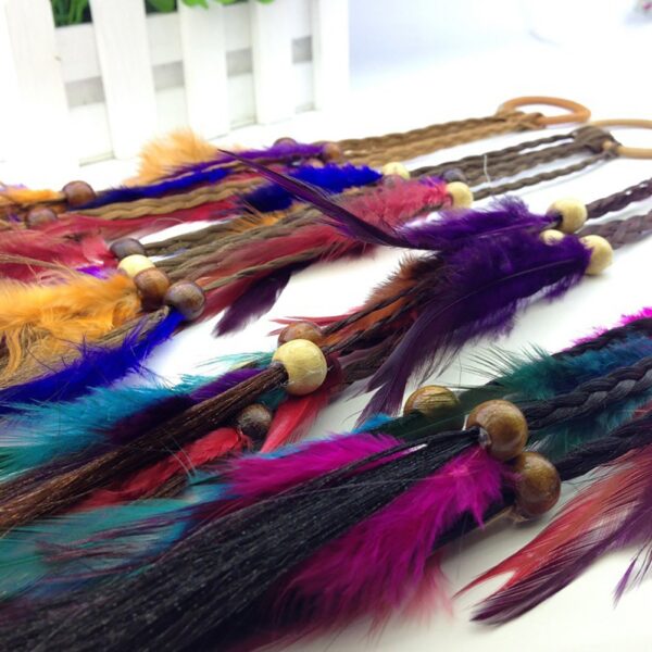 4PCS Women Lady Handmade Boho Hippie Hair Rope Head Wrap Hair Band Headbands Elastics Feather Hair Tie Ponytail Holders Hair Accessories Headdress - Image 3