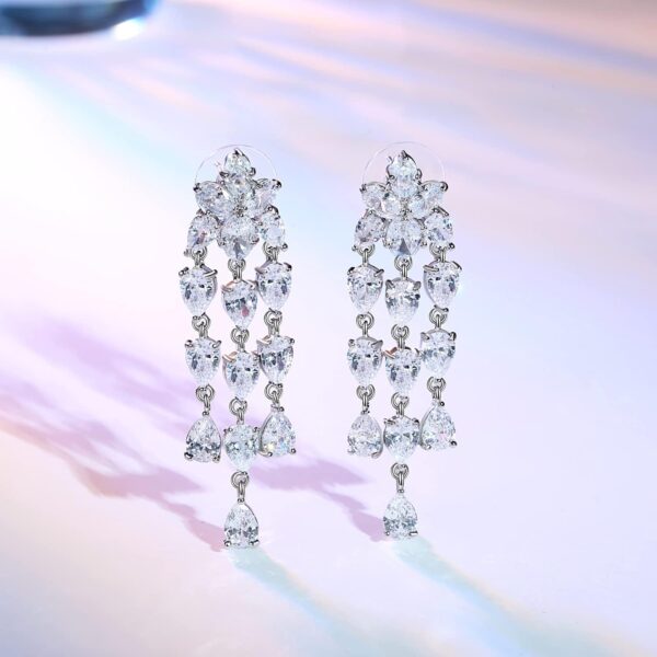 Wedding Earrings for Brides, Silver Earrings for Women, 18K White Gold Plated Sterling Silver Post Cubic Zirconia Dangle Earrings, Clear Crystal Hypoallergenic Chandelier/Tassel Earrings - Image 3