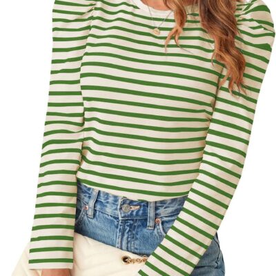 Women's Striped Long Sleeve Shirt Crew Neck Puff Sleeve Top Casual Blouses