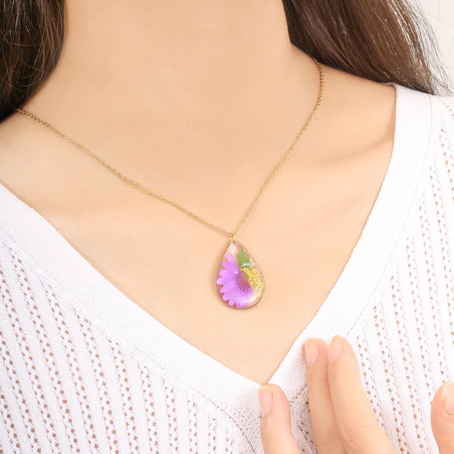 Handmade Pressed Flower Necklace - Birth Flower Necklace - October Flower Language - Elegant & noble - Great Gift for Women - Gold - 18” - Image 4