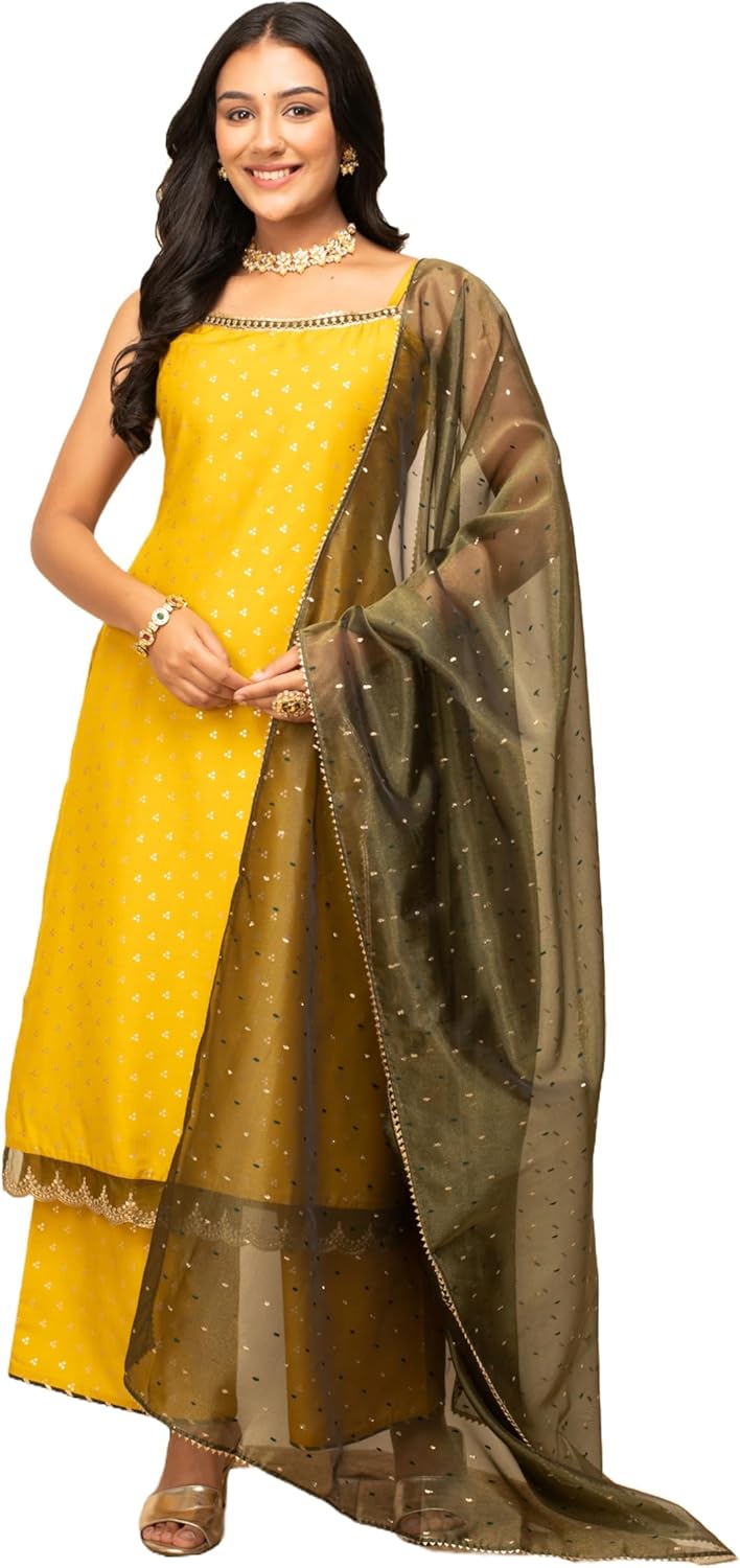 Women's Yellow Silk Blend Straight Kurta With Palazzo And Dupatta