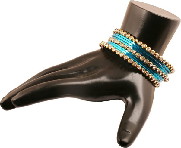 Touchstone "Colorful Collection Indian Bollywood Alloy Single Line Clear Rhinestone and Textured Color Bangle Bracelets Set of 18 in Antique Gold Tone for Women. - Image 2