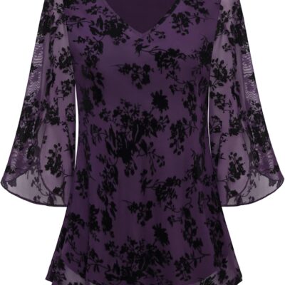 Bebonnie Womens Ruffle 3/4 Sleeve V Neck Double Layers Mesh Blouses Loose Fit Flowy Tunic Tops