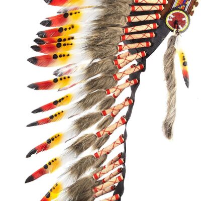 Native American Inspired Headdress - Handcrafted with Genuine Feathers and Beads (Yellow & Red)