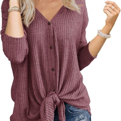 IWOLLENCE Women's Waffle Knit Tunic Blouse Tie Knot Henley Tops Loose Fitting Bat Wing Plain Shirts