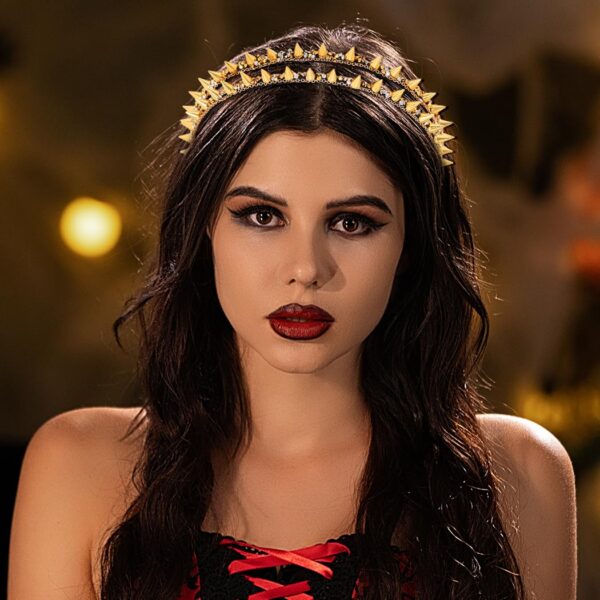Black Spiked Headband Punk Gothic Spiky Rivet Headbands For Women Rock Headwear Hair Hoop For Costume Party Accessories (Gold A) - Image 3