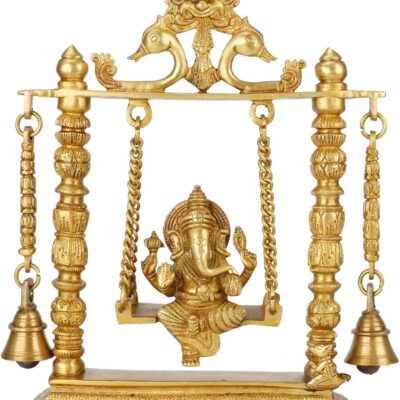 Kartique Brass Ganesh Jhula Idol on Swing - 10" Height, Antique Finish, Ideal for Home Decor, Puja, and Gifting