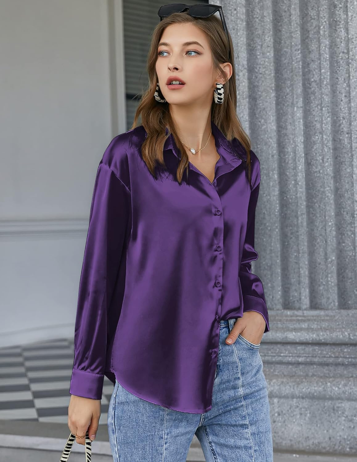 Chigant Women's Blouse Satin Silk Shirts Button Down Shirts Casual Loose Long Sleeve Office Work Tunic Tops - Image 4