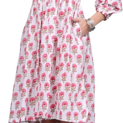 Dress for Women Buti Block Printed Indian Cotton Maxi Dress Bohemian Outfit with Pocket by Dhanlaxmi Handicrafts