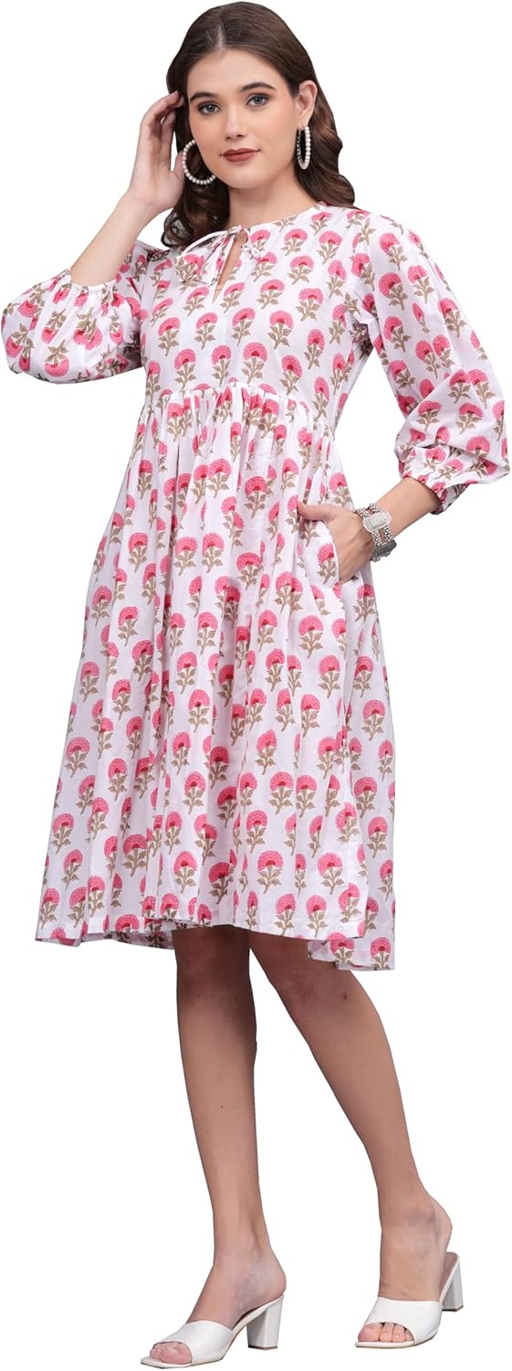 Dress for Women Buti Block Printed Indian Cotton Maxi Dress Bohemian Outfit with Pocket by Dhanlaxmi Handicrafts