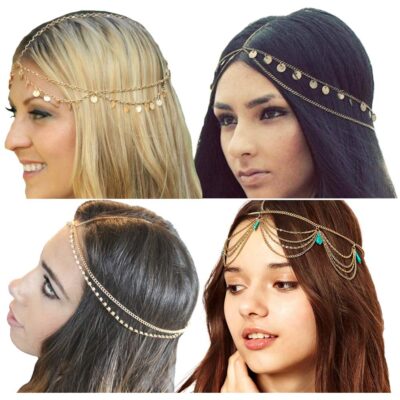 Gold Head Chain Sequins Rhinestone Headband Crystal Bohemian Hair Bands Halloween Hair Hoop Women Bridal Boho Hippie Hairband Party Decoration Cosplay Costume Handmade Headpiece Hair Jewelry 4 Pack