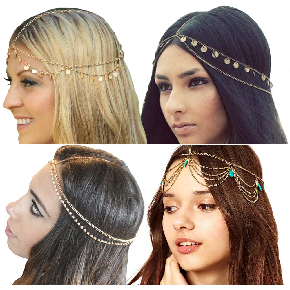 Gold Head Chain Sequins Rhinestone Headband Crystal Bohemian Hair Bands Halloween Hair Hoop Women Bridal Boho Hippie Hairband Party Decoration Cosplay Costume Handmade Headpiece Hair Jewelry 4 Pack