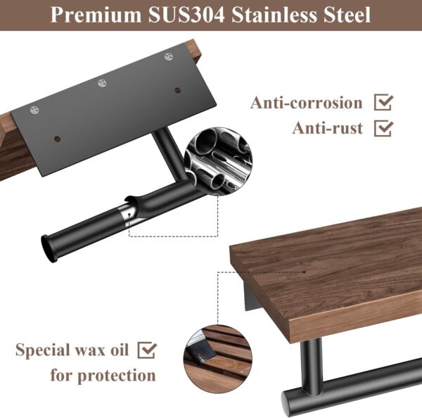 Tindbea Toilet Paper Holder with Wood Shelf, Wooden Wall Mount Tissue Paper Roll Holder, Matte Black Stainless Steel Bathroom Accessories Decor Household Home Apartment Restroom Essentials (Walnut) - Image 5