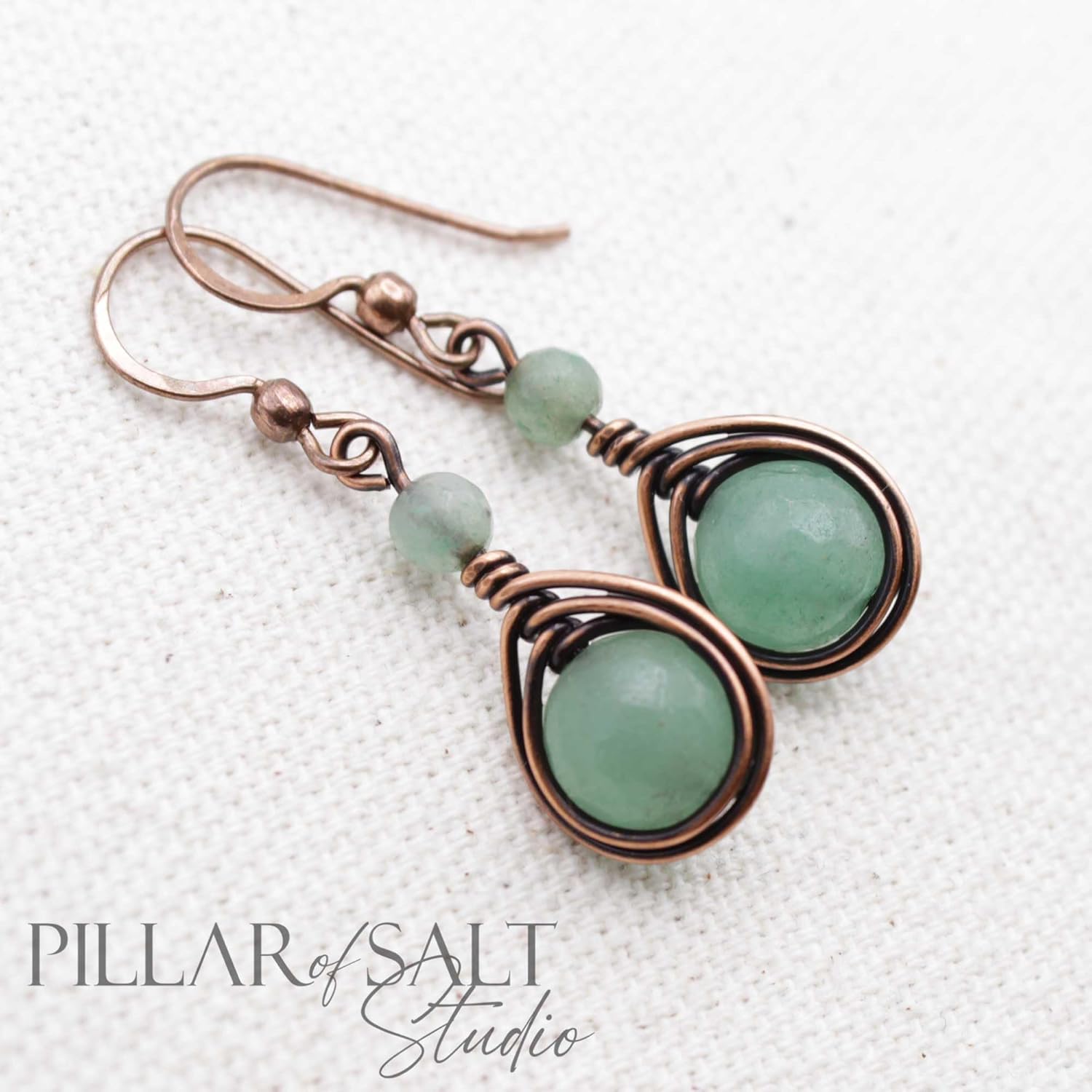 Handcrafted Solid Copper Earrings with Green Aventurine Gemstone (Antiqued Copper, 1" drop) - Image 6