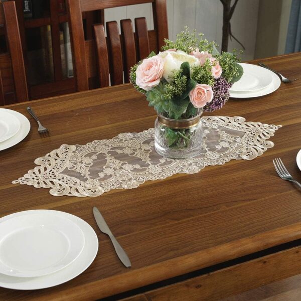 ARTABLE Lace Table Runner Dresser Scarf Macrame Embroidered Table Runners with Exquisite Flower Vintage Shabby Chic for Wedding Holiday Dinning (Champagne, 10 x 36 Inch) - Image 2