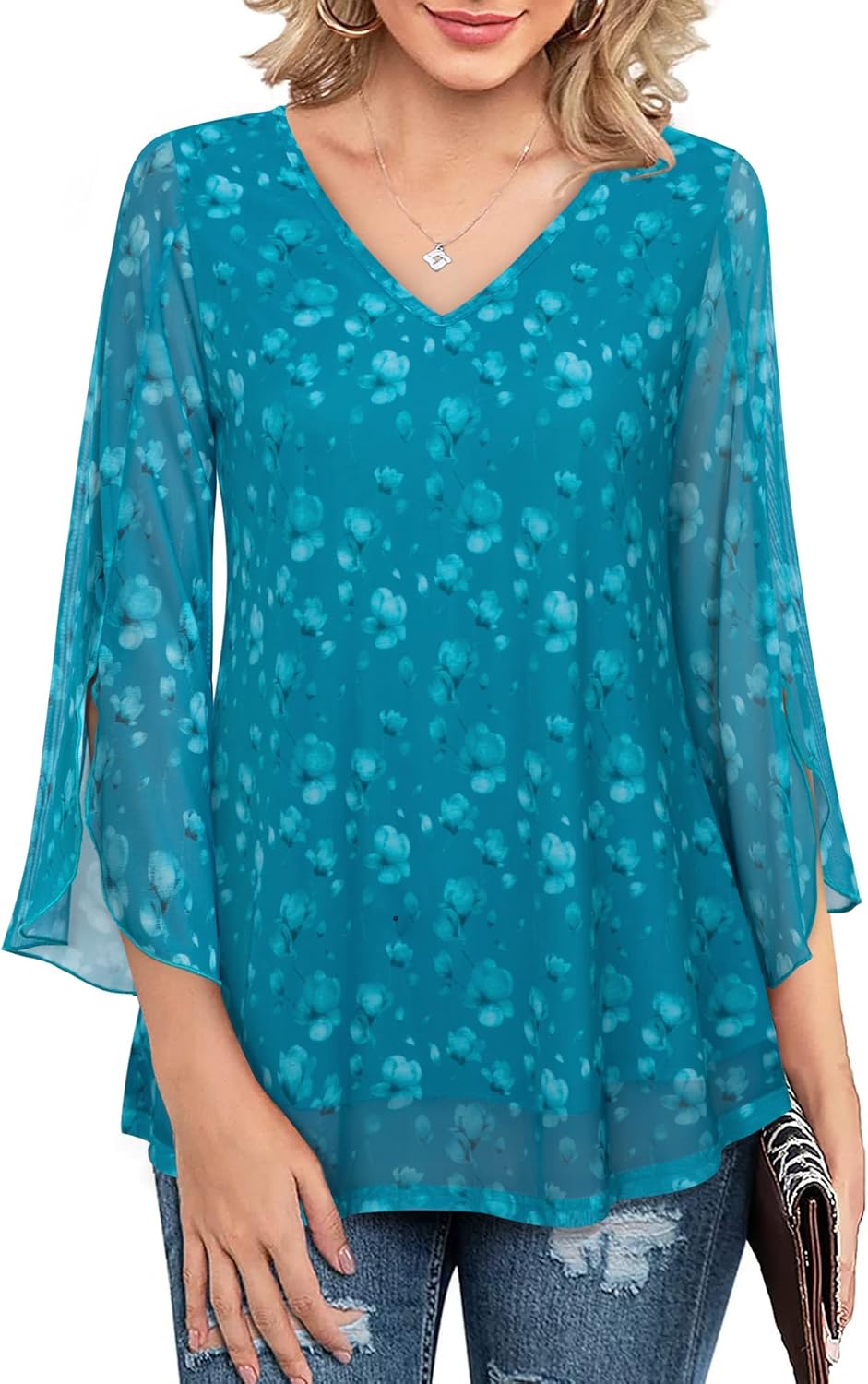 Bebonnie Womens Ruffle 3/4 Sleeve V Neck Double Layers Mesh Blouses Loose Fit Flowy Tunic Tops - Image 3