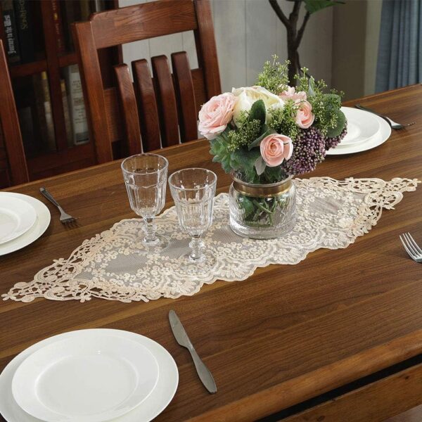 ARTABLE Rectangle Table Runner Lace Macrame Embroidered Table Runners with Exquisite Vintage Shabby Chic for Holiday Wedding Long Dinner Tables (Light Gold, 12 x 36 Inch) - Image 2
