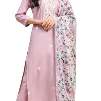 TRENDMALLS Women's Chanderi Cotton Embroidery Salwar Suit Set Kurta Pant with Dupatta Light Purple
