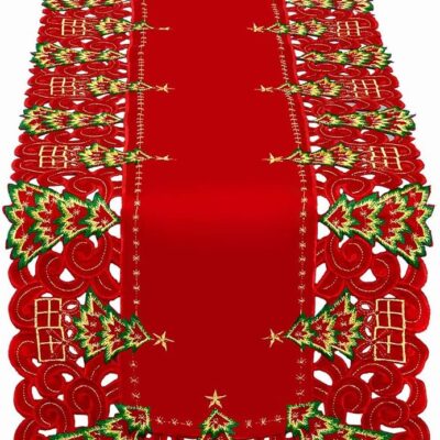 Grelucgo Embroidered Christmas Holiday Holly Tree Table Runner, Dresser Scarf, Rectangular 16 x 54 Inch