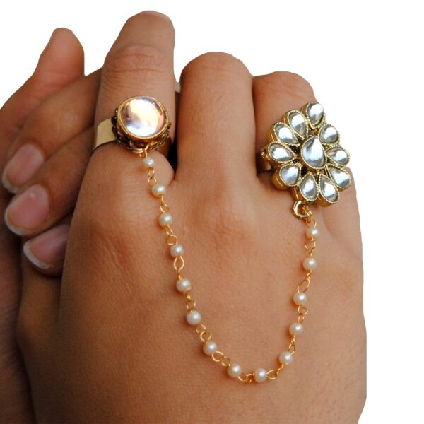 White Round Kundan Ring With Kundan Flower 2 Finger Ring Adjustable Indian Tradtional Two Finger Indian Punjabi Wedding Jewelry Easy To Wear - Image 3