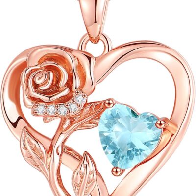 Infinity Rose Flower Heart Necklaces for Women 925 Sterling Silver Anniversary Jewelry for Her Love Gifts for Wife Sister Grandma Mom Mothers Day Valentines Birthday Christmas Rose Gold Birthstone