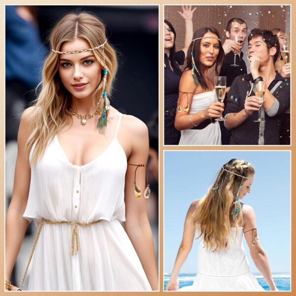 DOCILA Feather Headband Wrist Bands Set Women Boho 60s 70s Outfits Hippie Hairband Bracelets Indian Pocahontas Costume Hair Accessories - Image 7