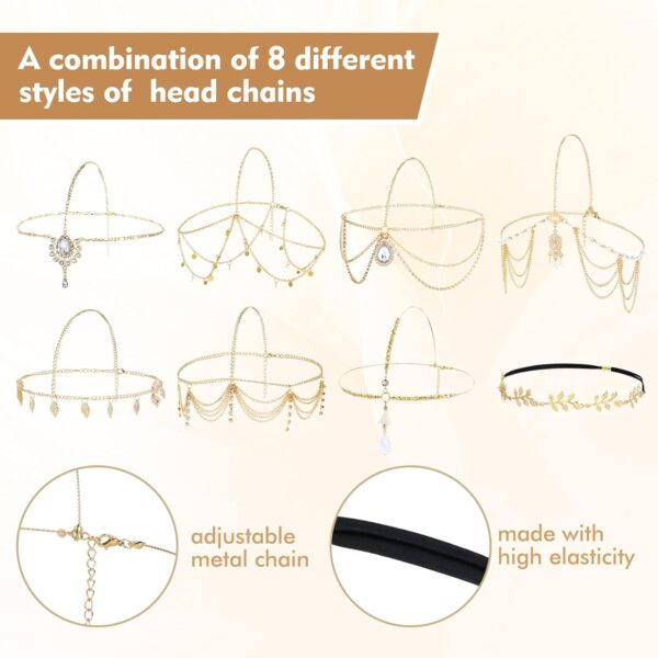 8 Pieces Gold Head Chains with Rhinestone Pearl Leaf Coin Festival Prom Wedding Bridal Jewelry Boho Headbands Tassel Forehead Chain Hair Bands Headwear Headpieces for Women Girls - Image 6