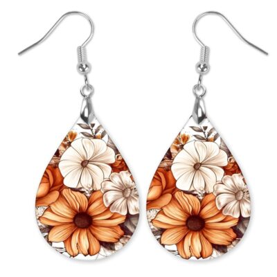 Burnt Orange Earrings for Women Fall Autumn Thanskgiving Lightweight Teardrop Dangle Fun Colorful Statement Jewelry Handmade by the Painted Pug (Fall Boho Floral)