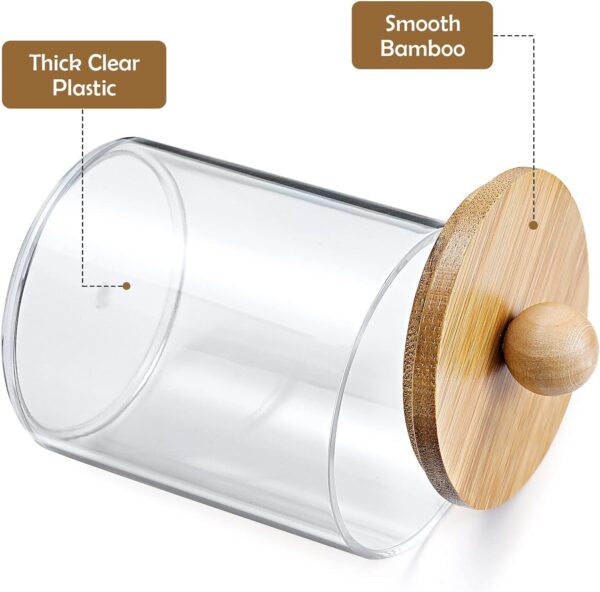 4 Pack Qtip Holder Dispenser with Bamboo Lids - 10 oz Clear Plastic Apothecary Jar Containers for Vanity Makeup Organizer Storage - Bathroom Accessories Set for Cotton Swab, Ball, Pads, Floss - Image 5