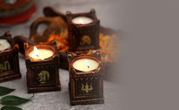 4 Pc Set Tulsi Decorated Clay Diya Wax Filled Dia for Diwali Puja Pooja Handmade | Terracotta Earthen Diya Handpainted Antique Colors | Vilakku Oil Lamp | Natural Mitti Diya | Indian Gift - Image 5