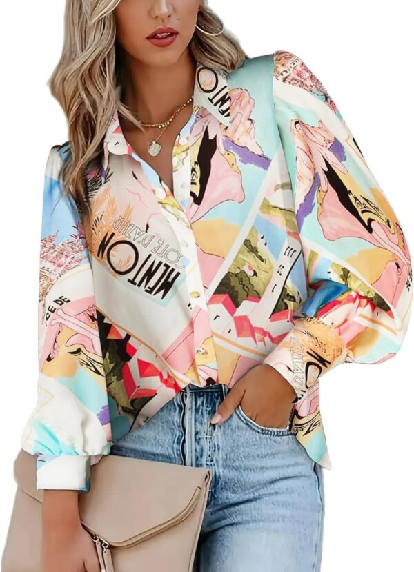 Zeagoo Womens Shirts Button Down Printed Lantern Long Sleeve Blouse Fashion Casual Tops 2024