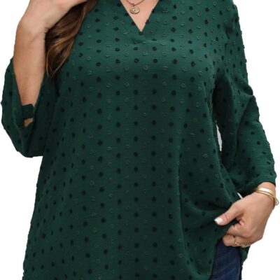 Plus Size Swiss Dot Blouses for Women Casual 3/4 Length Sleeve Tops