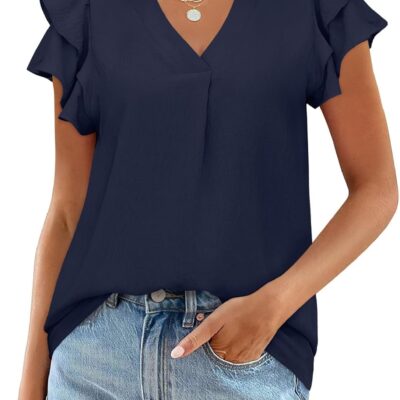 MEROKEETY Women's 2025 Summer V Neck Ruffle Short Sleeve Blouse Business Office Casual Top Shirts