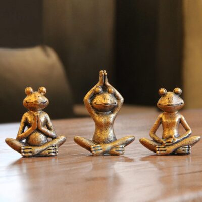 Bronze Frog Figurines, 3-Piece Yoga Decor Set, Antique Bronze Color, Handmade Home Decoration