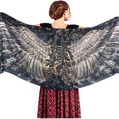 Black Evening Bird feathers Hand Painted & Printed Silk Cashmere Shawl Scarf