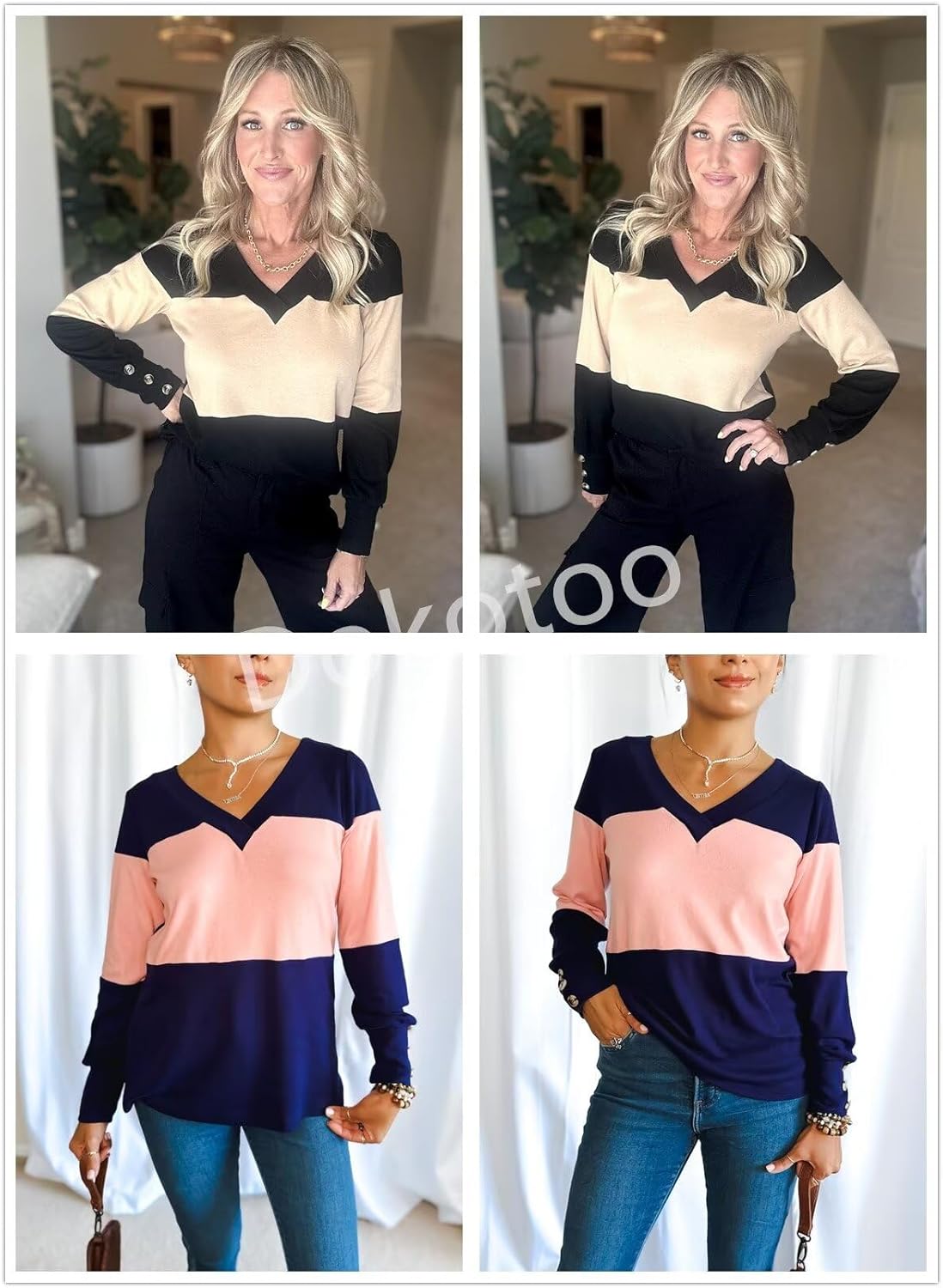 Dokotoo Womens Tops 2024 Spring Color Block Long Sleeve Shirts V Neck Dressy Casual Blouses - Image 5