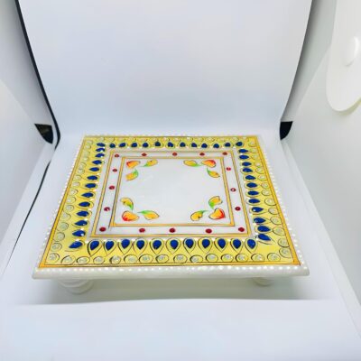 Marble Pooja Chowki Hand Made Pure White makrna Stone Embellished Kundans Chowki for Ganesh Pooja, laxmi Pooja