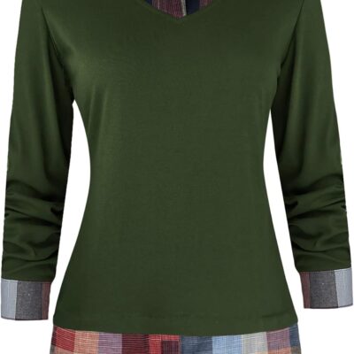 Oyamiki Women's Casual Collared Curved Hem 2 in 1 Pullover Tops Plaid Contrast Shirt Blouse