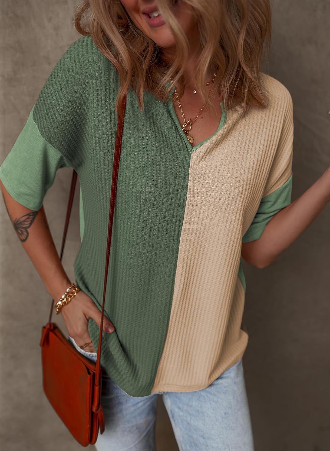 Dokotoo Womens Summer Tops Fashion 2025 Half Sleeve Waffle Knit Shirts Casual V Neck Colorblock Patchwork Blouses - Image 5
