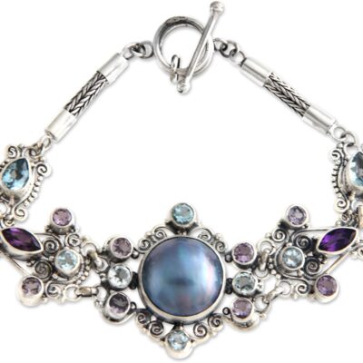 NOVICA Artisan Handcrafted Cultured Pearl Amethyst Flower Bracelet Sterling Silver Blue Topaz Mabe Purple White Pendant Indonesia Birthstone Balinese Traditional [7.5 in min L x 8 in max L x 0.1 in ]