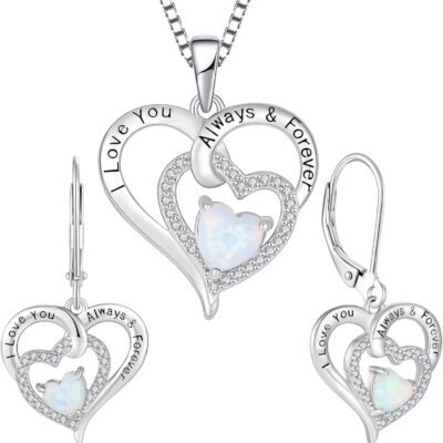 Heart Necklace&Earrings Set 925 Sterling Silver April Opal Birthstone 3A Cubic Zirconia Engraved with I Love You Always & Forever Pendant Necklace for Women Gifts for Mom Girls Girlfriend Wife