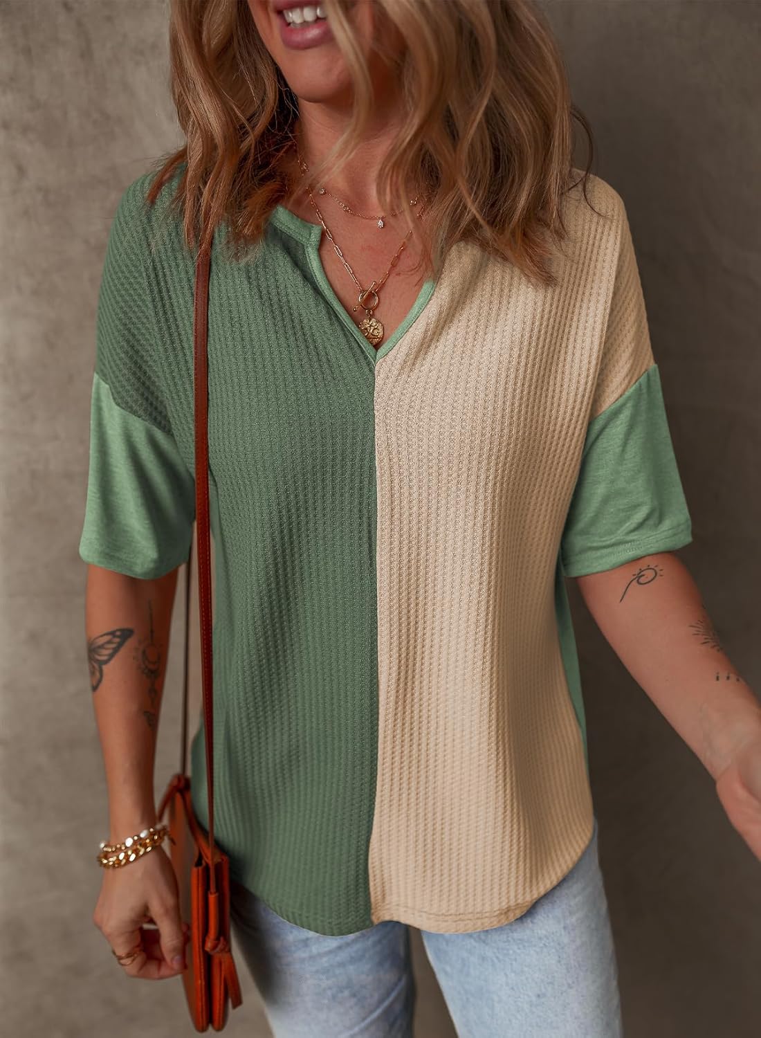 Dokotoo Womens Summer Tops Fashion 2025 Half Sleeve Waffle Knit Shirts Casual V Neck Colorblock Patchwork Blouses - Image 3