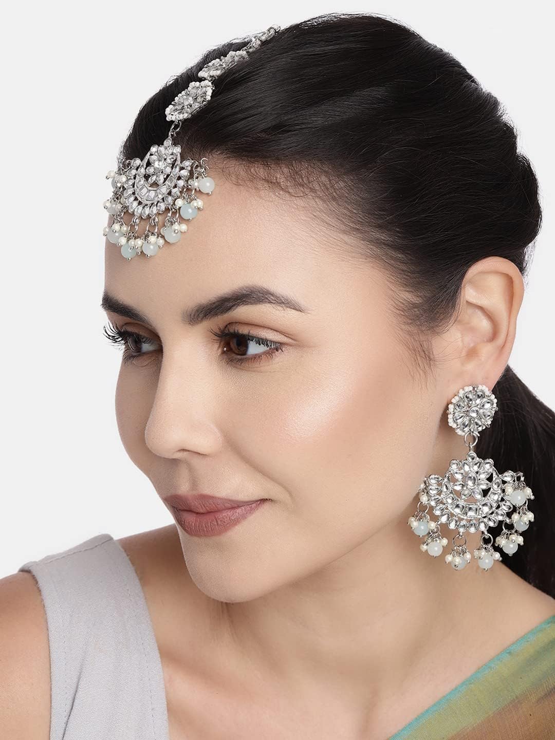 I Jewels Rhodium Plated Indian Wedding Bollywood Kundan & Faux Pearl Chandbali Earrings with Maang Tikka Set (TE2911Z) - Image 2