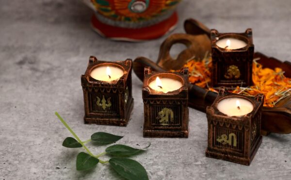 4 Pc Set Tulsi Decorated Clay Diya Wax Filled Dia for Diwali Puja Pooja Handmade | Terracotta Earthen Diya Handpainted Antique Colors | Vilakku Oil Lamp | Natural Mitti Diya | Indian Gift - Image 7