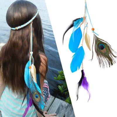 Boho Peacock Feather Headband Hippie Jewelry Gifts Native American Indian Costume Festival Hair Accessories Bohemian Clothing Dresses for Women and Girls(Blue) Multicolor Medium