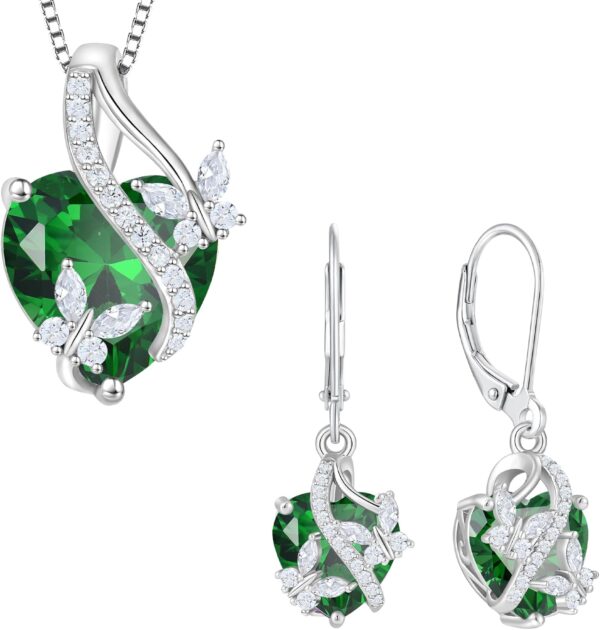 925 Sterling Silver Butterfly Earrings Necklace Created Emerald Heart Jewelry Set