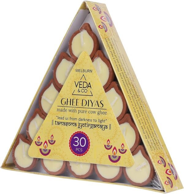 Welburn Veda&Co™ Pure Cow Ghee Diya for Puja - 30 Pieces, 45 Minutes Burn Time, Clarified Butter Filled, Paraffin Free, Clay Diya Lamp, Ready to Use Diya, Yoga & Meditation, Eco Friendly Pooja Diyas